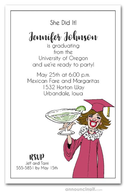Brunette Girl And Margarita College Graduation Party Invitations