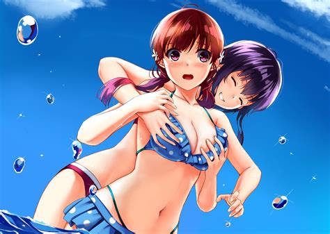 2girls Aliasing Bikini Blush Breast Grab Breasts Bubbles