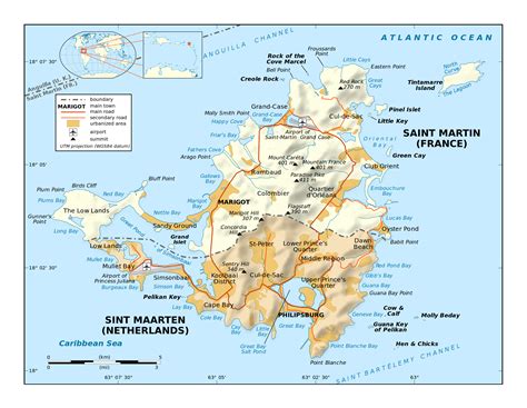 large political map  sint maarten saint martin  relief roads cities  airports