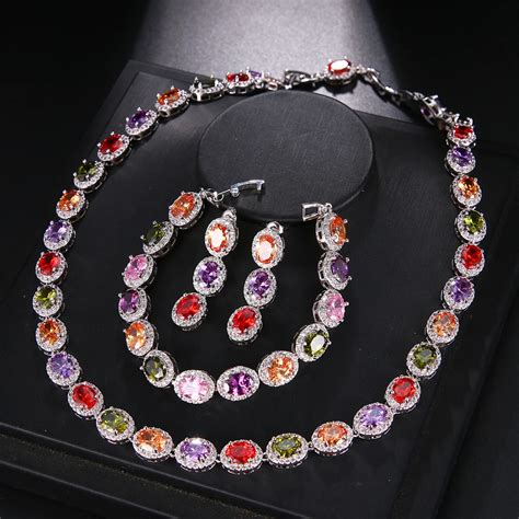 buy luxury multicolor oval set necklace earring bracelets  sterling silver