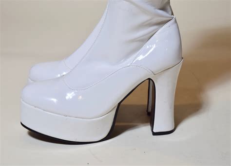 authentic vintage patent leather white classic platform   heel tall   boots womens