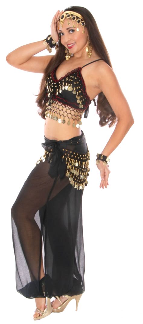 6 piece black harem genie belly dancer costume with gold coins