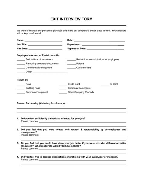 employee exit interview template printable templates