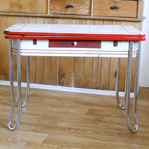 vintage enamel top table red  white metal chrome  enamel table