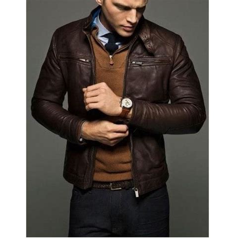 Mens Slim Fit Leather Jackets Men Brown Leather