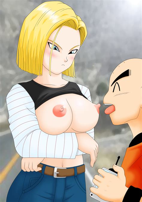 rule 34 android 18 belt blonde hair blue eyes blush breasts crossed arms dragon ball series