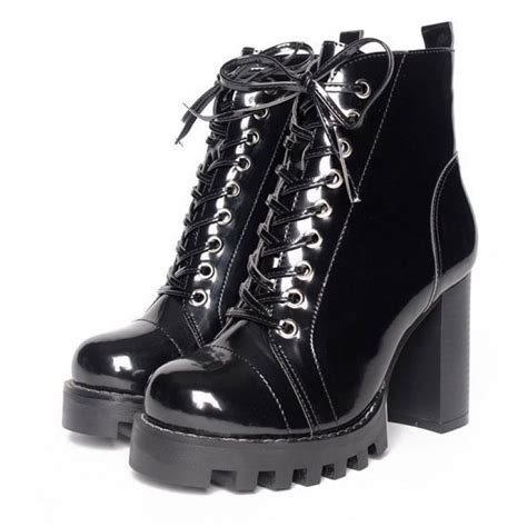 black patent lace up platforms combat high heels boots shoes