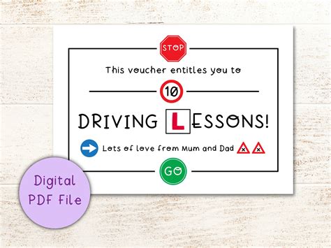 driving lessons gift voucher coupon printable digital