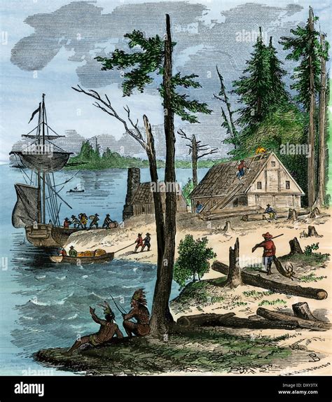 dutch colonists arriving  manhattan island  hand colored stock photo  alamy
