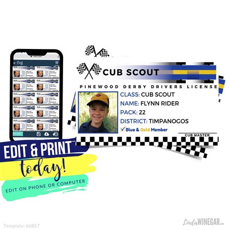cub scout pinewood derby drivers license blue yellow etsy