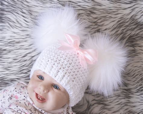 white baby girl double pom pom hat  bow preemie hat crochet baby girl hat newborn girl