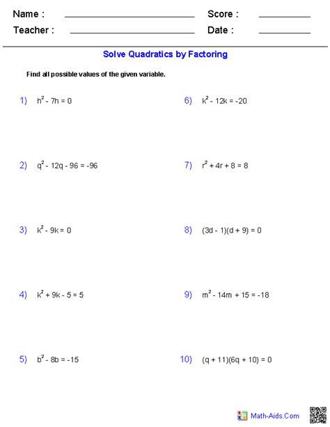 algebra  worksheets quadratic functions worksheets