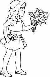 Girl Coloring Holding Flowers Bouquet Pages Drawing Printable Hand Line Flower Girls Main sketch template