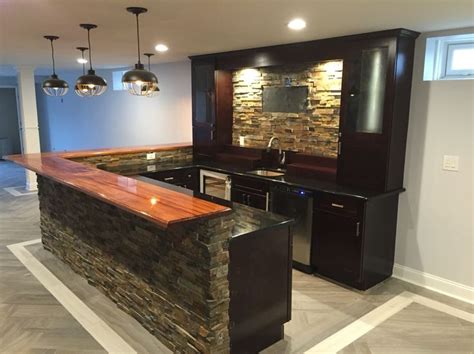 basement ideas custom bar  wood top california ledger stone work rustic basement bar