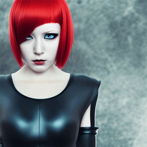 Hyper Realistic Red Haired Woman Wearing Dark Futuristic Clothing