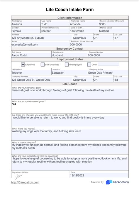 life coach intake form template