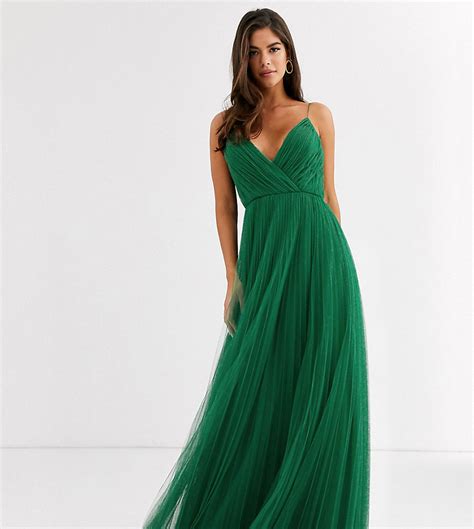 asos design tall lange geplooide cami jurk met tule groen tall fashion
