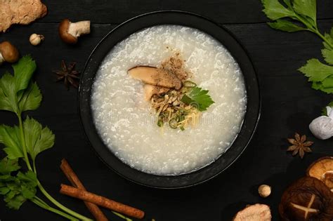 rice porridge or congee with shiitake mushroom boiled egg sliced