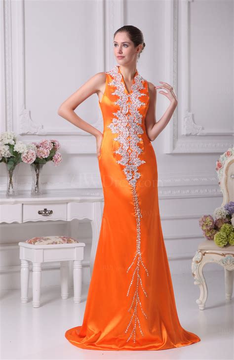 Orange Sexy V Neck Sleeveless Zip Up Sequin Prom Dresses
