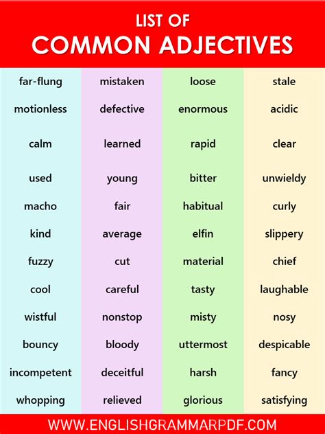list  adjectives  common adjectives list english grammar