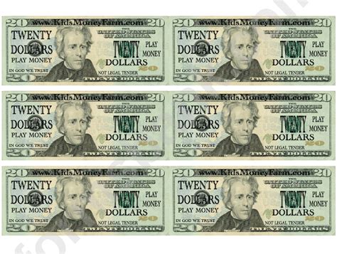 twenty dollar bill play money template printable