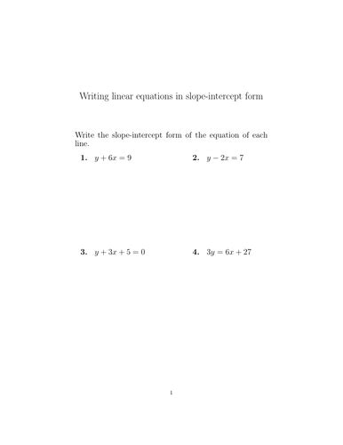 writing linear equations  slope intercept form  worksheet