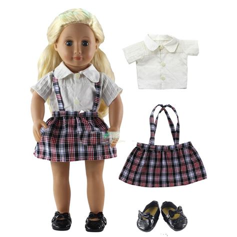 3in1 Set American Girl Doll Clothes Of White T Shirt Plaid Skirt Black