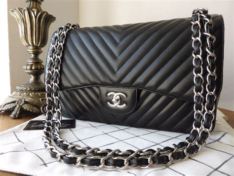 chanel chevron quilted classic jumbo double flap  black caviar  silver hardware sold