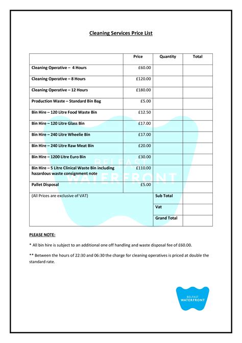 cleaning service price list templates  allbusinesstemplatescom