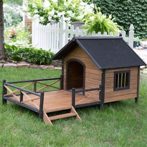 large solid wood outdoor dog house  spacious deck porch dog house  porch large dog