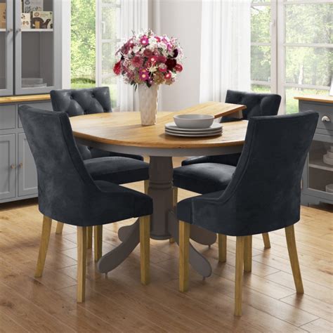 extendable dining table   velvet chairs  grey oak finish