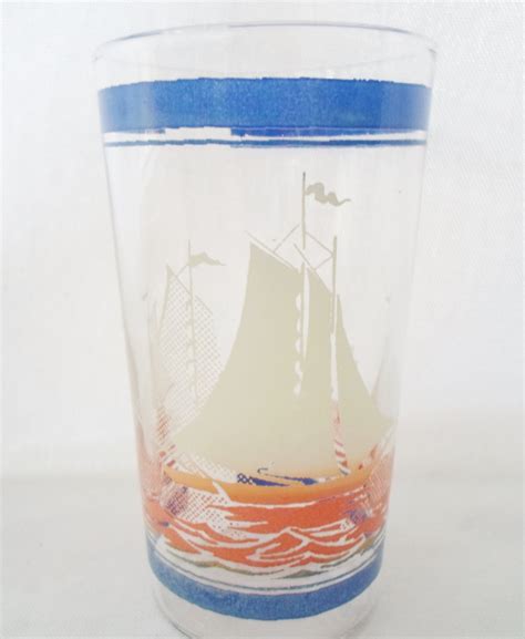 Vintage Set Of Four Nautical Sailboat Blue Orange Drinking Glasses