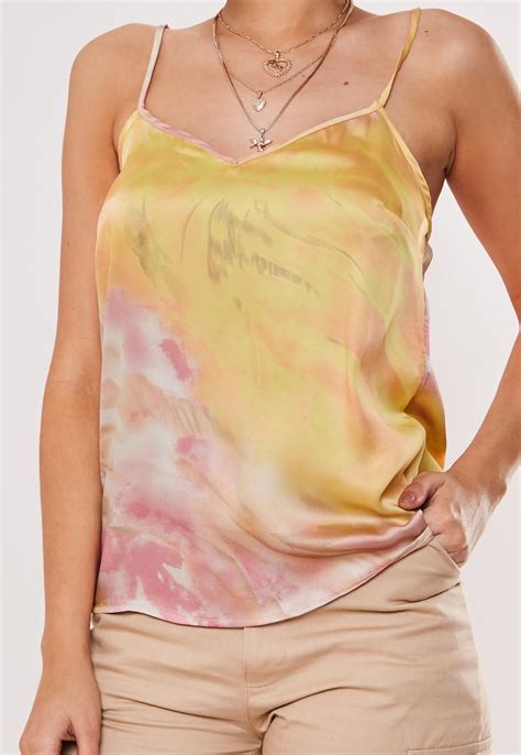 Yellow Satin V Neck Cami Top Missguided