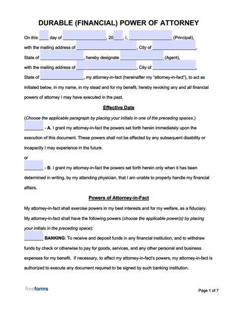 printable financial power  attorney forms printable form