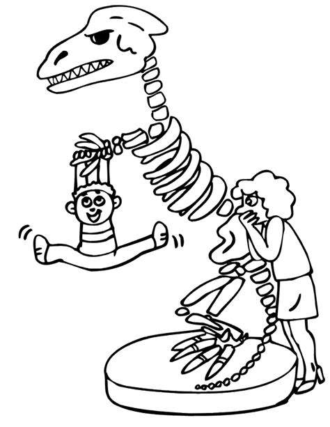 coloring page   boy playing   dinosaur skeleton