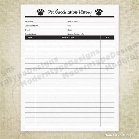 pet vaccination history printable form  pet owners etsy