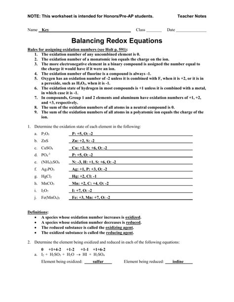 worksheet  worksheet balancing redox equations