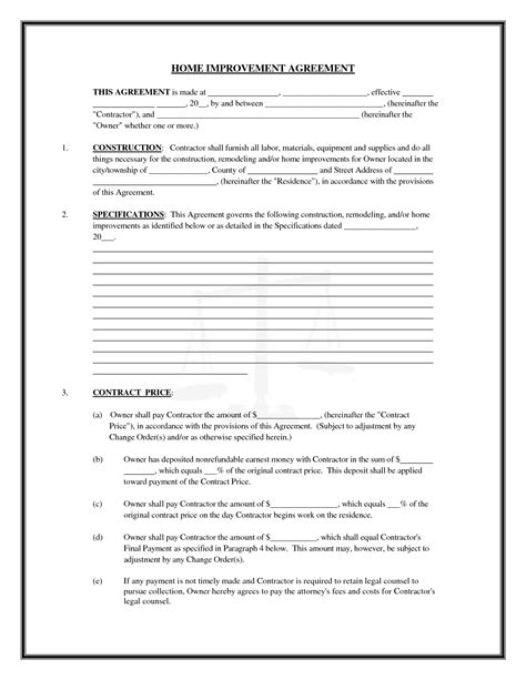 home repair contract template  printable documents