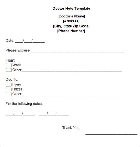 printable doctors note template  printable templates