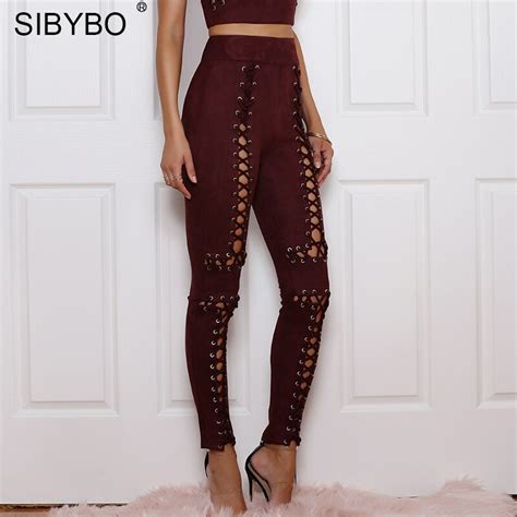 sibybo high waist lace up suede leather women pants 2017 autumn winter