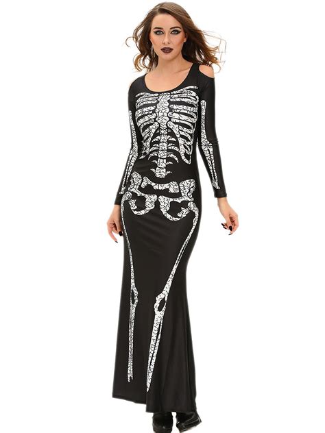 cold shoulder long sleeves halloween adult women skeleton costume