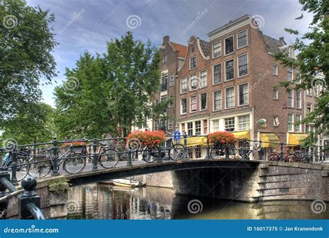 amsterdam bridge stock image image  houses bikes