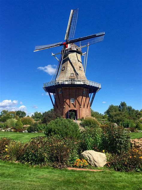 windmill  shown   middle   grassy area  rocks  flowers