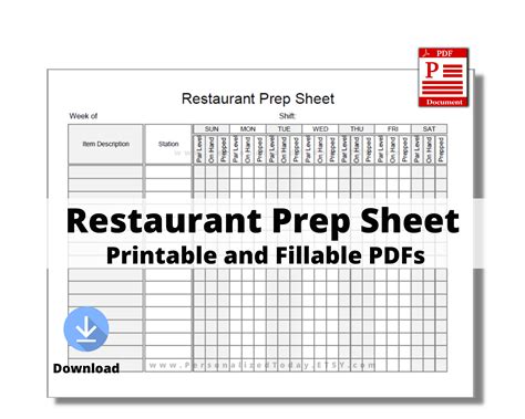 printable restaurant prep sheet fillable  print  write  files