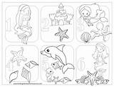 Number Coloring Pages Mermaids Shells Six Theme Animals Sea sketch template