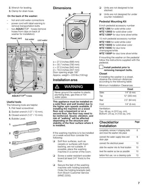 warning dimensions installation area bosch nexxt   series user manual page