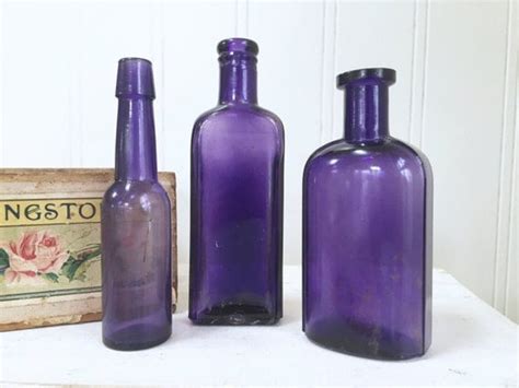3 Purple Glass Bottles Vintage Amethyst Bottles Vintage