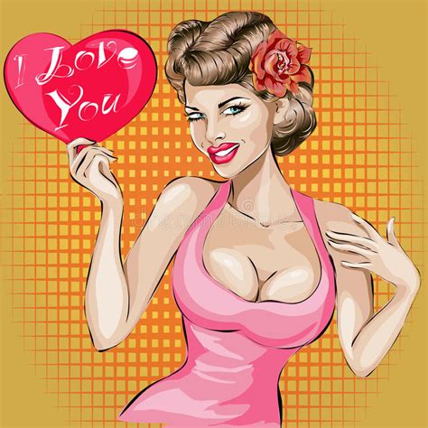 valentines day pin up woman with heart on red background pop art