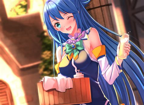 aqua eyes aqua konosuba blue hair blush bow cropped drink kono subarashii sekai ni shukufuku