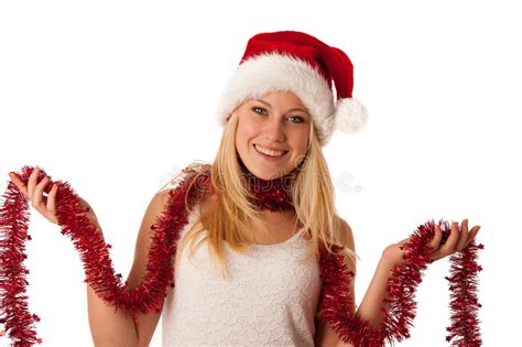 attraktive junge blondine in weihnachtsmann kleid christmass stockbild bild von frau nett